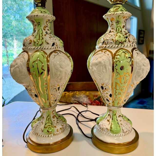 Vintage Capodimonte Italian Porcelain Table Lamps Mid Century 1960s Model 301 Hollywood Regency Relief Urn - a Pair For Sale - Image 6 of 11