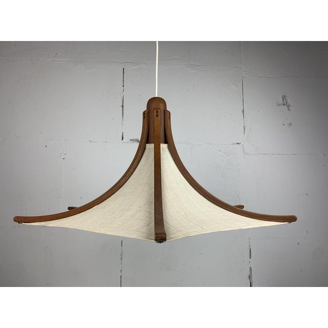 Beige Teak and Linen Umbrella Pendant Hanging Lamp attributed to Domus, 1970s For Sale - Image 8 of 14