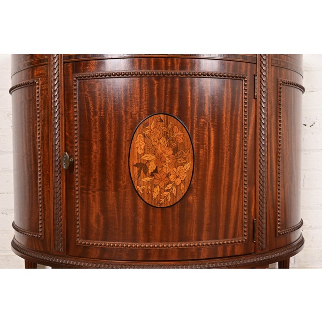 Imperial Furniture French Regency Louis XVI Mahogany and Inlaid Marquetry Demilune Cabinet, Newly Refinished For Sale - Image 9 of 14