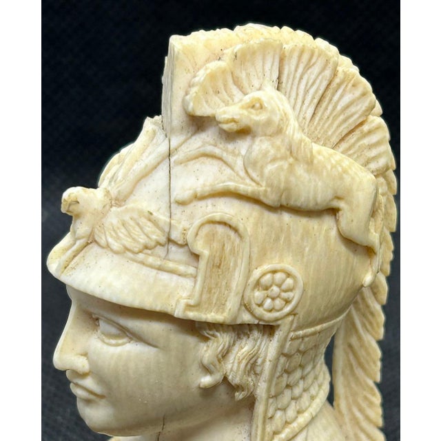 Late 18th Century Antique Late 18th C. Grand Tour Carved Bone Bust of Minerva, Neoclassical Athena Sculpture, Roman Goddess of War Miniature, European Cabinet Curio For Sale - Image 5 of 14