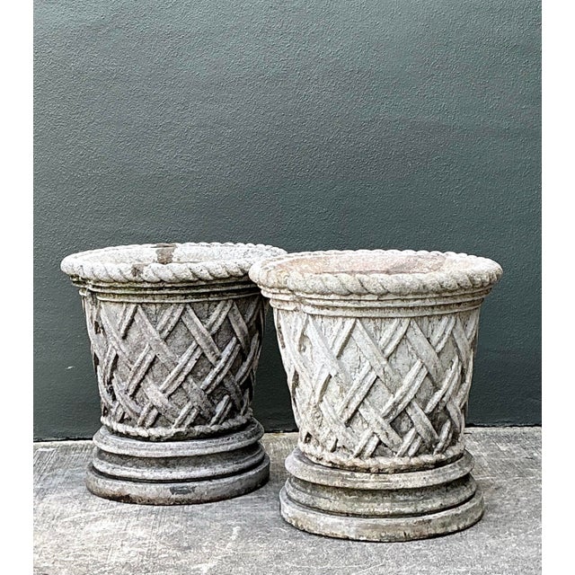 Gray Vintage Cast Concrete Trellis Planters on Pedestals - A Pair For Sale - Image 8 of 12