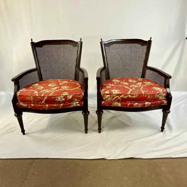 Mid-Century Spice French Toile Linen Newly Upholstered Cane Back Chairs ...