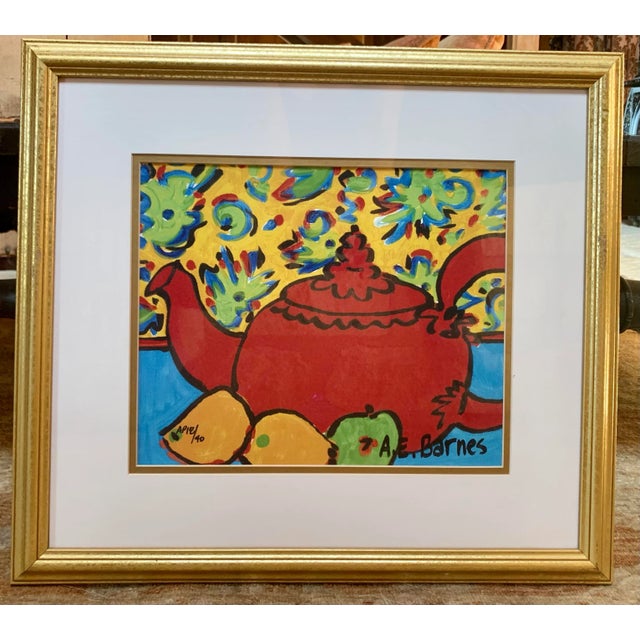 Untitled Artist’s Proof Lithograph of a Teapot and Fruit by American Artist A. E. Barnes, Framed For Sale - Image 11 of 11