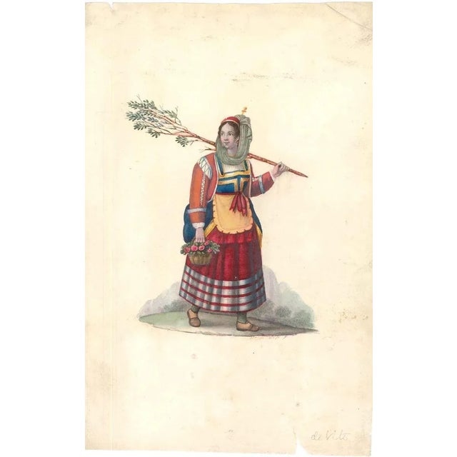 Watercolour on ivory colored paper, 1820 c.a. Fine watercolour representing a female figure in traditional Italian...