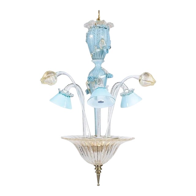 Mid‑Century Murano Glass Chandelier in Celeste Blue Floral Venetian Style in the Manner of Seguso Vetri d'Arte For Sale