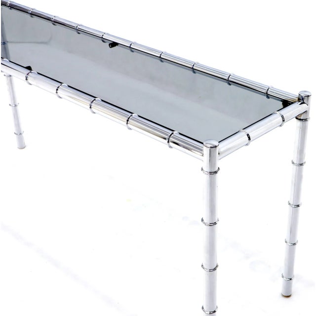 Silver Mid 20th Century Faux Chrome Bamboo Smoked Glass Console Sofa Table For Sale - Image 8 of 11