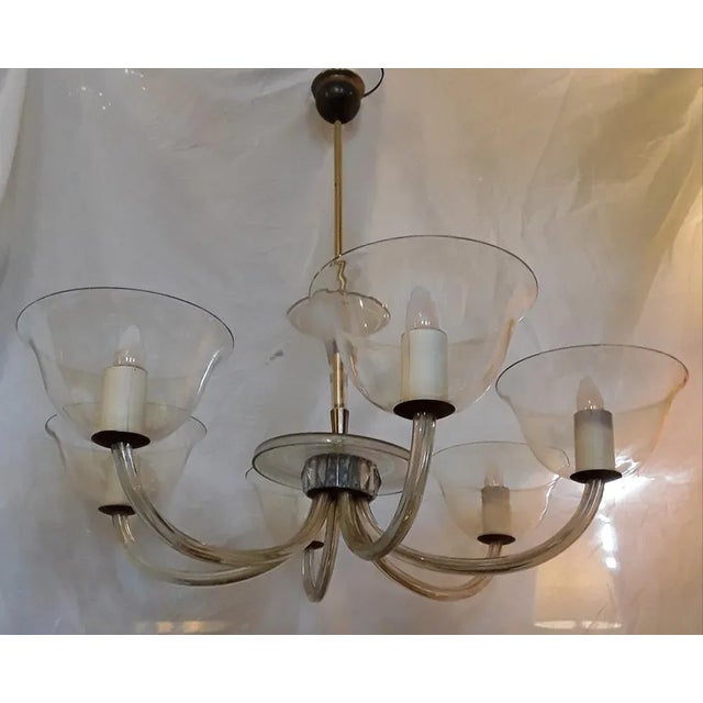 Large plain six arm vintage mid century chandelier with hand blown glass bowls with candle spouts on bent glass arms on...