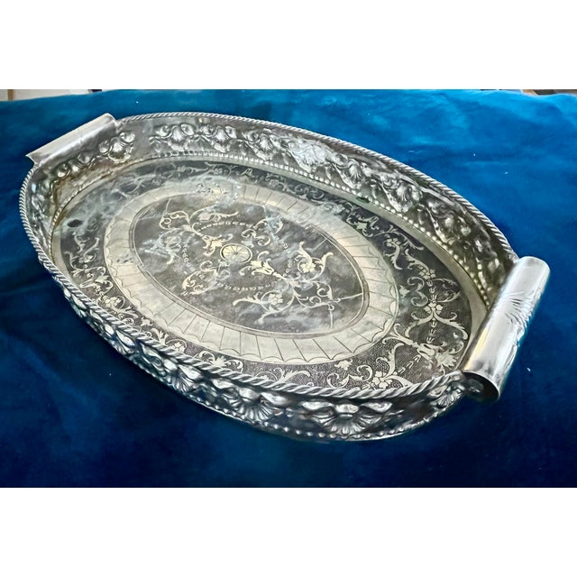 Large Vintage silverplate fancy decorated etched Victorian style large tray. 14”x28” entertain in grand style.