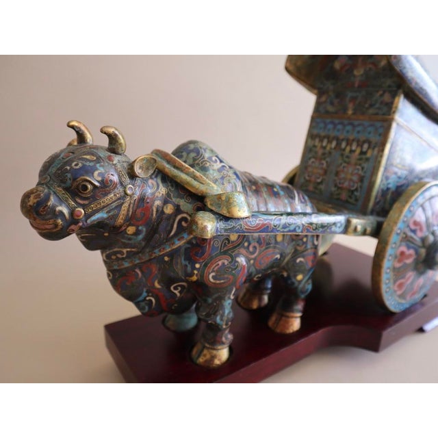 Chinoiserie Early 1900s Antique Cloisonné Ox Pulling Cart on Wood Stand For Sale - Image 3 of 9