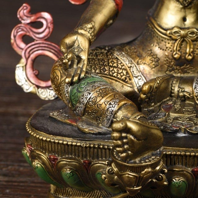 Late 19th Century Late 19th Century Gilt Bronze Green Tara Statue, Tibetan Buddhist Figure, 1.69kg For Sale - Image 5 of 9