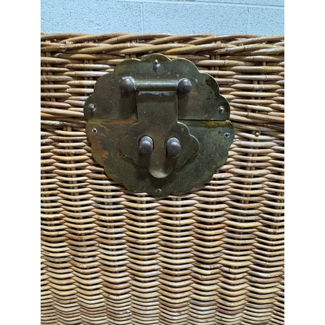 Wood Vintage Boho Wicker & Brass Trunk Coffee Table For Sale - Image 7 of 11