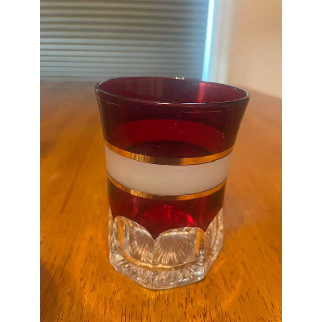 Vintage Ruby Red Glass Pitcher & 6 Tumblers Set - White and Gold Banded Barware For Sale In Nashville - Image 6 of 11