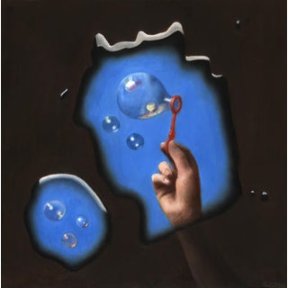 Summertime by Kevin A. Moore | Oil on panel Hand blowing bubbles with a blue background. For Sale