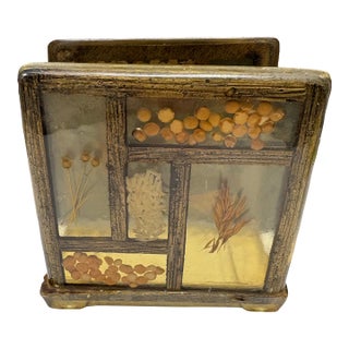 Vintage Lucite Napkin Holder, Resin Botanical Windowpane, Mid Century Modern Boho Desk Letter Holder, 1970s Pressed Flower Decor For Sale