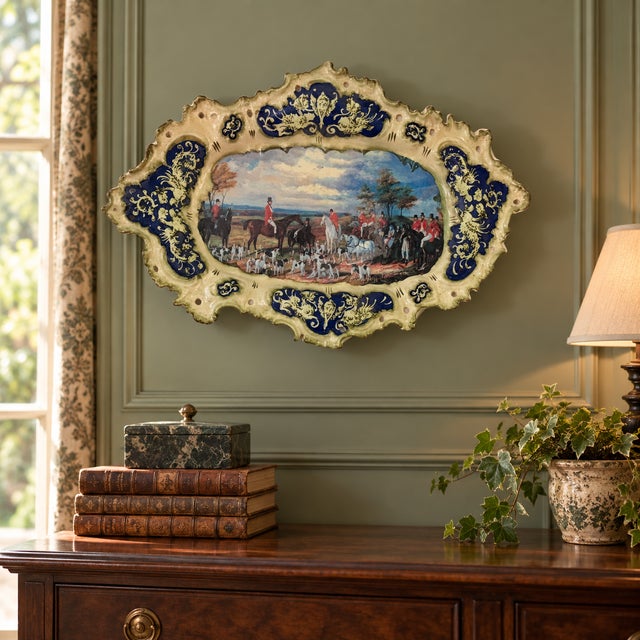 Blue Ornate Ceramic Wall Platter With Equestrian Hunting Scene For Sale - Image 8 of 8