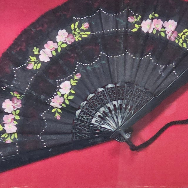 Vintage Italian Hand Painted Fan With Flowers, Black Lace, Gold Gesso Frame, 22" For Sale - Image 11 of 12