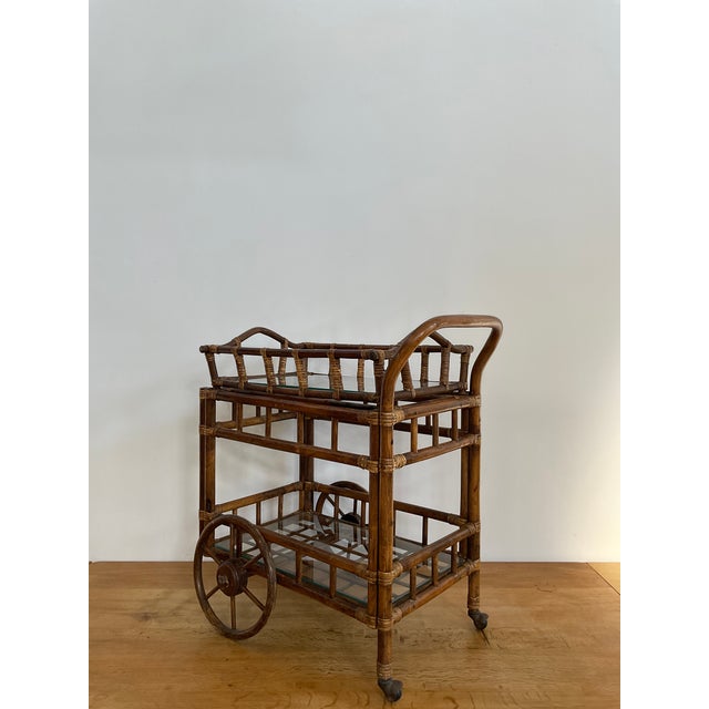 Early 21st Century Vintage Bamboo Bar Cart With Glass Shelf & Removable Tray For Sale - Image 5 of 18