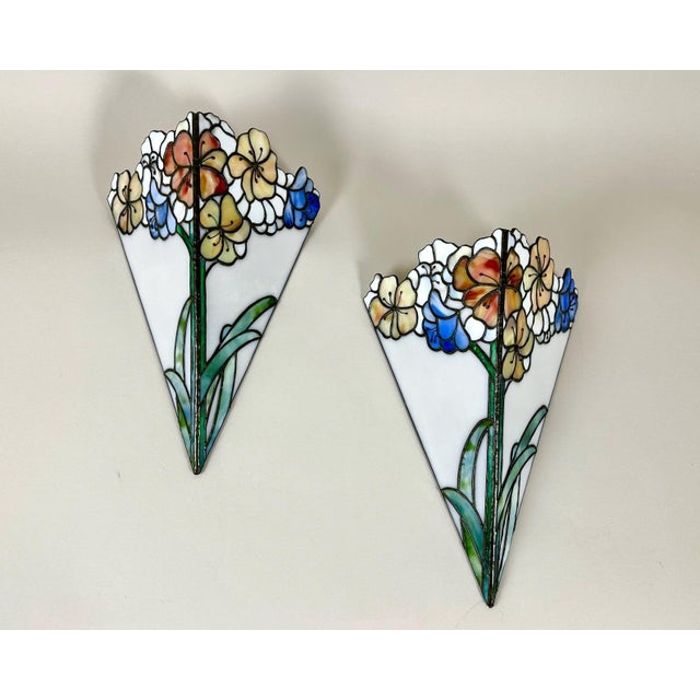 Blue Vintage French Brass and Glass Sconces in the style of Tiffany, 1950s, Set of 2 For Sale - Image 8 of 8