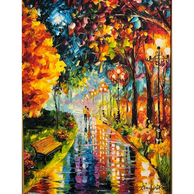 Modern impressionist picture of lovers strolling by night in a park after a rain shower. The bright street lamps and...