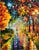 Modern impressionist picture of lovers strolling by night in a park after a rain shower. The bright street lamps and...