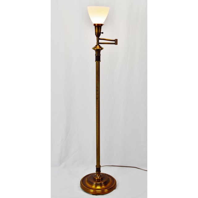 Vintage Brass Swing Arm Torchiere Floor Lamp With Milk Glass Diffuser