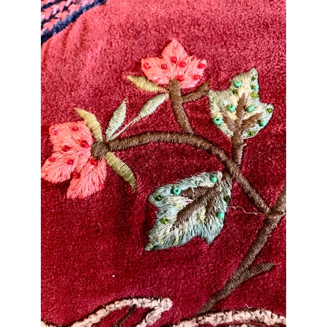 2000 - 2009 Pottery Barn Flowers Bird Decorative Pillow Red Velvet Fabric Beaded 20” X 20” For Sale - Image 5 of 12