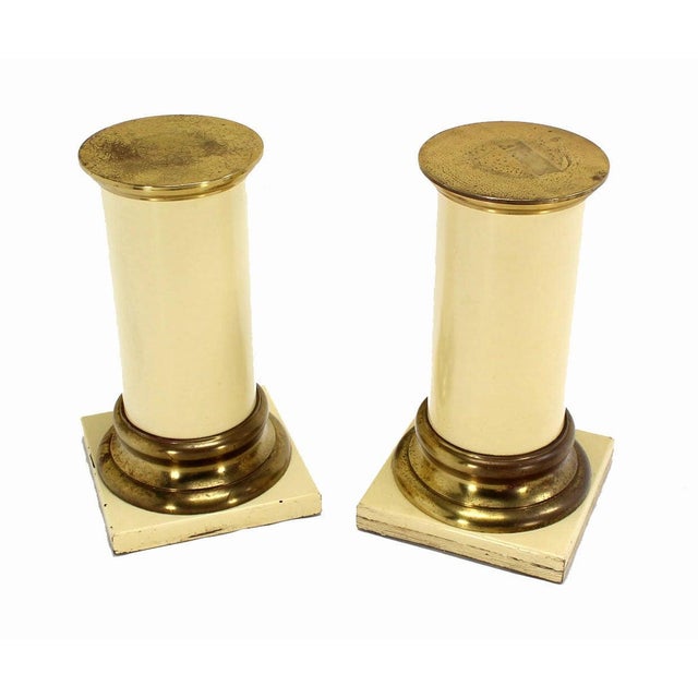 Pair Brass and White Beige Lacquered Wood Round Pedestals Table Bases Stands. Full price included complete restoration to...