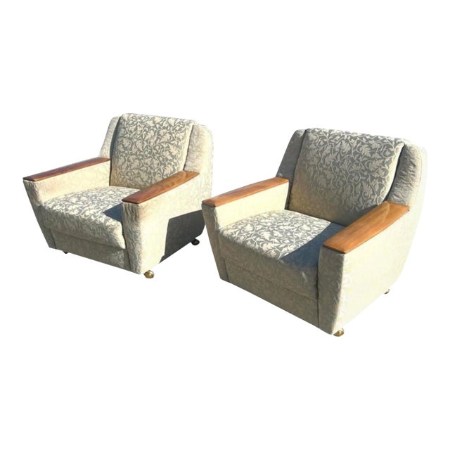 1950’s Swedish Modern Club Chairs With Wood Armrests on Castors - a Pair For Sale