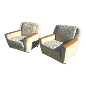 1950’s Swedish Modern Club Chairs With Wood Armrests on Castors - a Pair