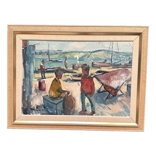 Nils Sewerin, Harbour, 1950s, Oil Painting on Canvas, Framed For Sale