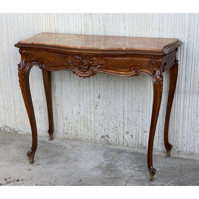 20th French Century Marble Top Walnut Console Table With Drawer For Sale - Image 4 of 13