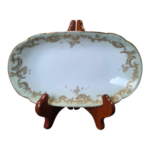 Antique Elite Works Limoges 8.5" Relish Dish - Gilded Scrolls & Celadon Dot Border