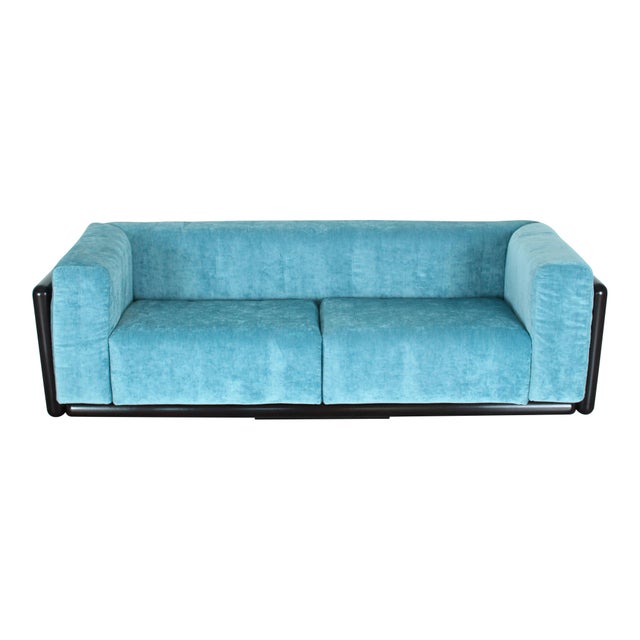 Textile Iroko Cornaro Sofa in Wood and Azure Velvet by Carlo Scarpa for Studio Simon, 1974 For Sale - Image 7 of 18
