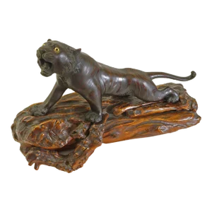 Bronze Large Tiger Meiji Okimono Sculpture Glass Eyes Japan Wood Base Signed Seal Asian Decor Japanese Art