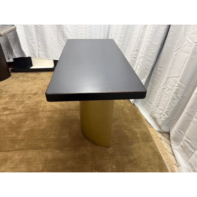 Black Custom Console Table Attributed to Arhaus Distressed Black Painted Top | Gold Dauphine Pedestal Base For Sale - Image 8 of 18