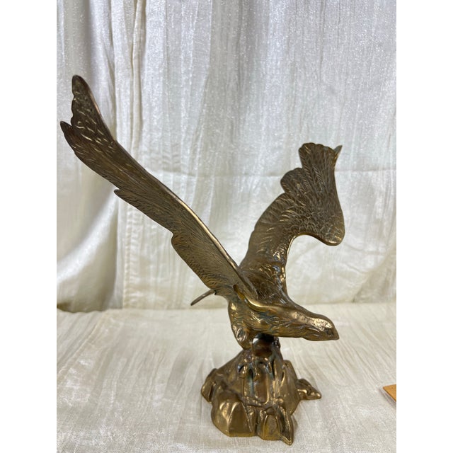 Sculpture Materials Vintage Solid Cast Brass Eagle Sculpture on Rocky Outcrop, 12” Tall For Sale - Image 7 of 11