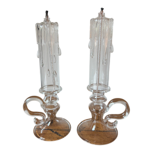 Late 20th Century Pair of Crystal "Candle" Oil Lamps, Handblown