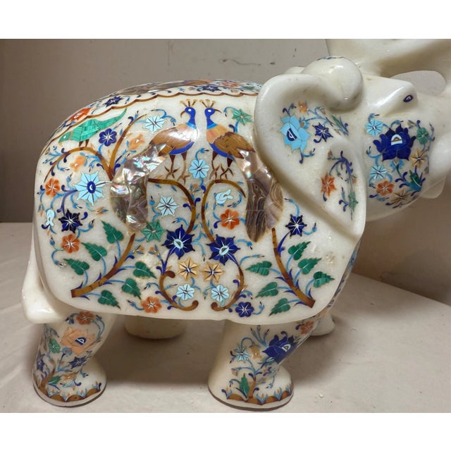 Large Vintage Inlaid White Marble Marquetry Stone Elephant Statue Sculpture 17Lbs For Sale In New York - Image 6 of 17