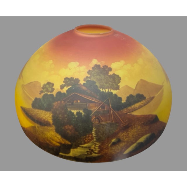 Antique Reverse Painted Glass Table Lamp Scenic Landscape Shade For Sale - Image 6 of 12