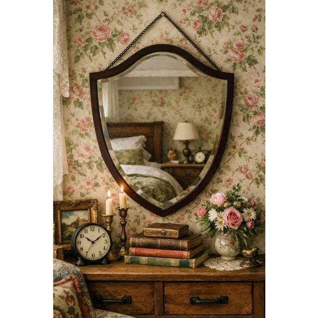 1980s Shield Hepplewhite Mirror by Bombay W/ Chain - Ralph Lauren, British Colonial, Grandmillennial Decors - 21” X 26” See Pics! For Sale - Image 5 of 8