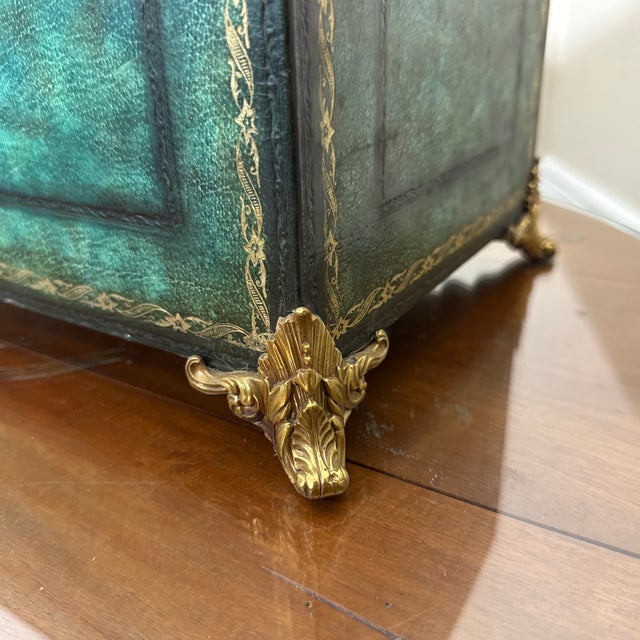 Boho Chic Vintage Italian Style Green Leather Domed Trunk Box Gold Gilt Tooling Claw Feet For Sale - Image 3 of 7