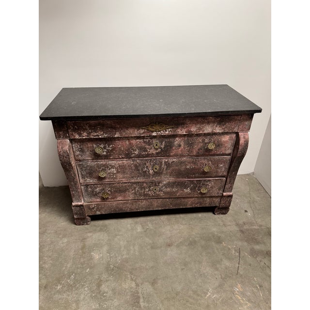 Empire style chest in hand painted blush tones. Beautiful brass hardware and black granite top