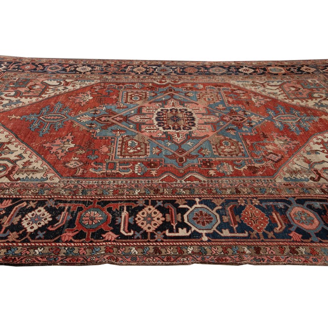 1920s Antique Serapi Red Handmade Medallion Floral Wool Rug For Sale - Image 5 of 8