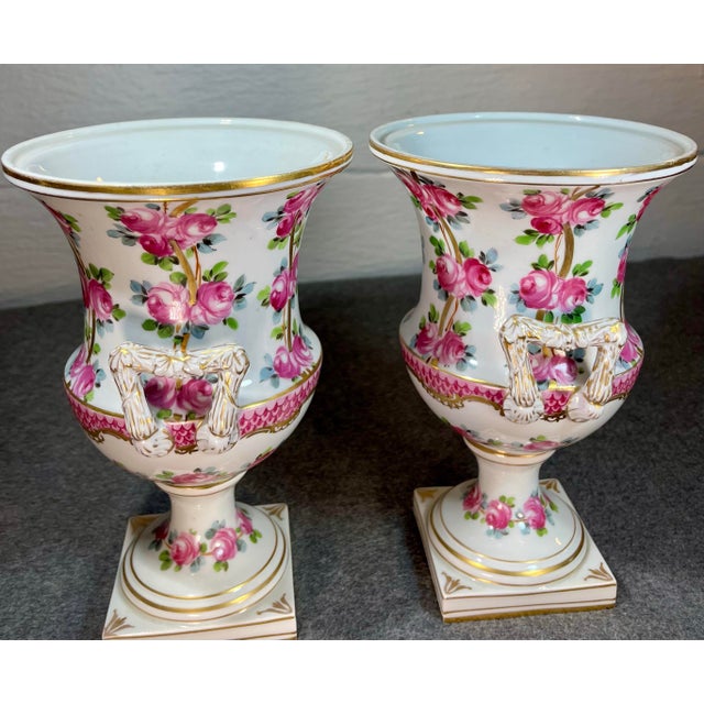Early 20th Century Antique Pair of Dresden Rose Porcelain Urns For Sale - Image 5 of 11