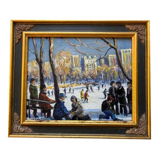 Christopher Willett, "Ice Skating in Central Park" Oil on Masonite For Sale