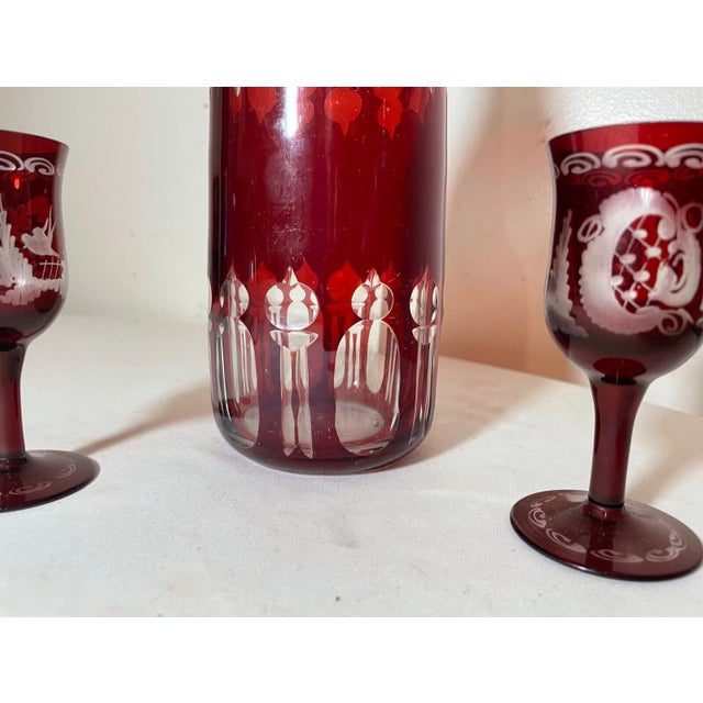 Antique Cut to Clear Crystal Moser Czech Bohemian Etched Red Glass Decanter - Set of 3 For Sale In New York - Image 6 of 12