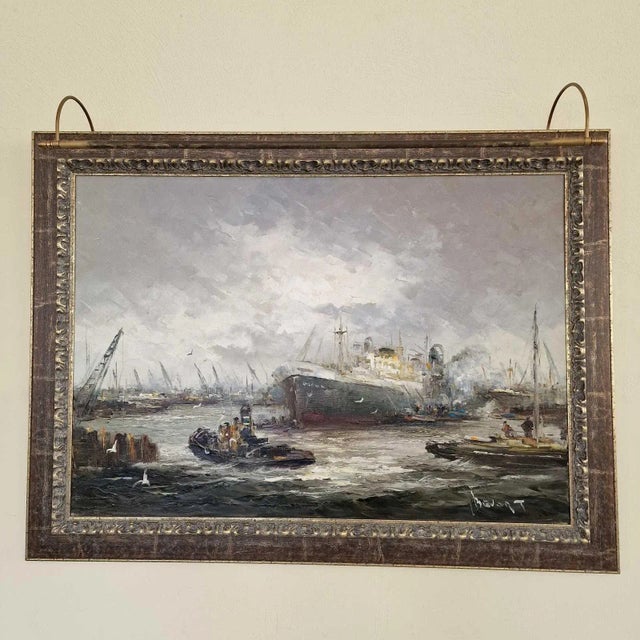 Large oil painting on canvas with a beautiful wooden frame - View of the port of Rotterdam. Jan Bevort (1917-1996) known...
