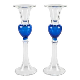 Pair of Vintage Hand-Blown Cobalt Blue Candlestick Holder For Sale