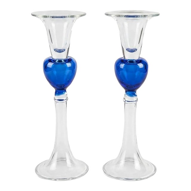Pair of Vintage Hand-Blown Cobalt Blue Candlestick Holder For Sale