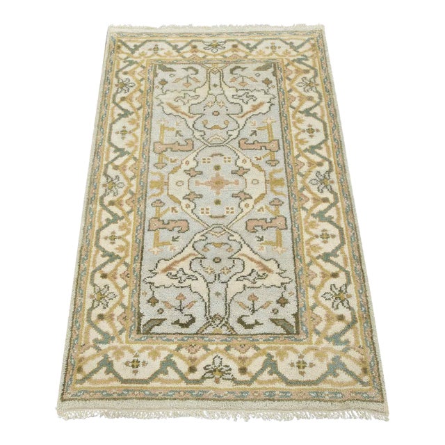 Oushak Rug 3'1'' X 5'1'' Blue Wool Hand-Knotted Oriental Carpet For Sale